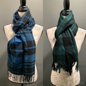 TWO PLAID FRINGED SCARVES
